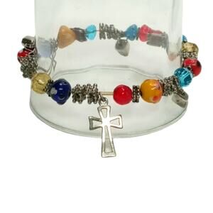 🌈 Multicolor Lampwork Bracelet w/ Cross Charms | Boho VTG Stretch